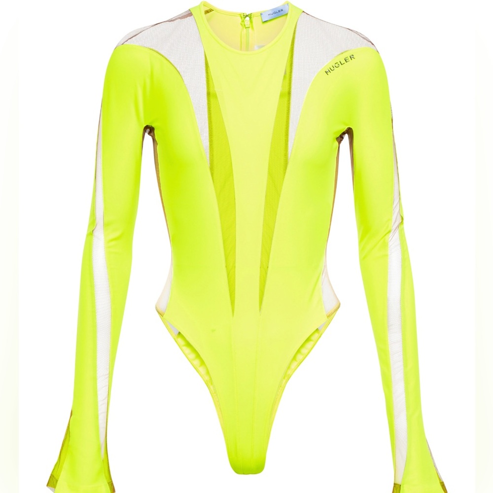 MUGLER neon Sheer Tulle Bodysuit Size 44 Brand New